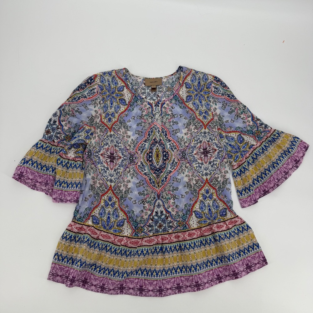 Kachel 100% Silk Paisley Medallion Bell Sleeve Peplum Blouse Top Size 2